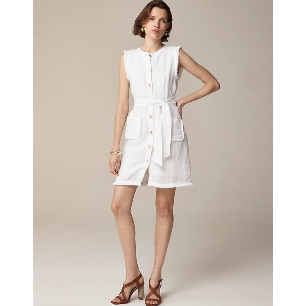 J Crew Raw Hem 100% Linen Belted Mini Trendy Shirt Dress US Womens XS New